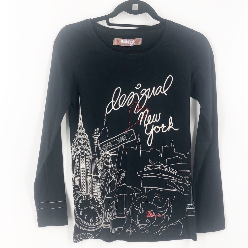 Desigual Black New York Long Sleeve Top marked Small,  but fits more like an XS